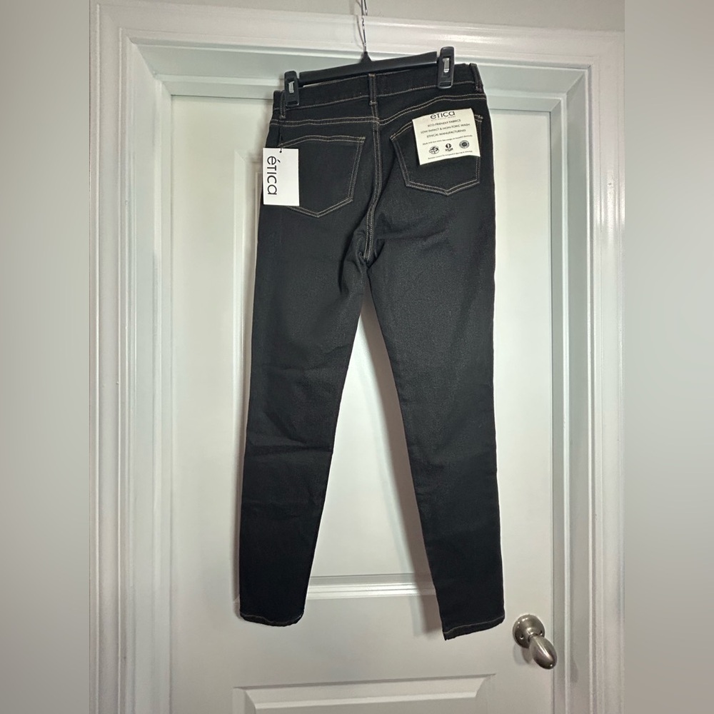 Etica Women's Classic Black Straight Leg Jeans with yellow stitching